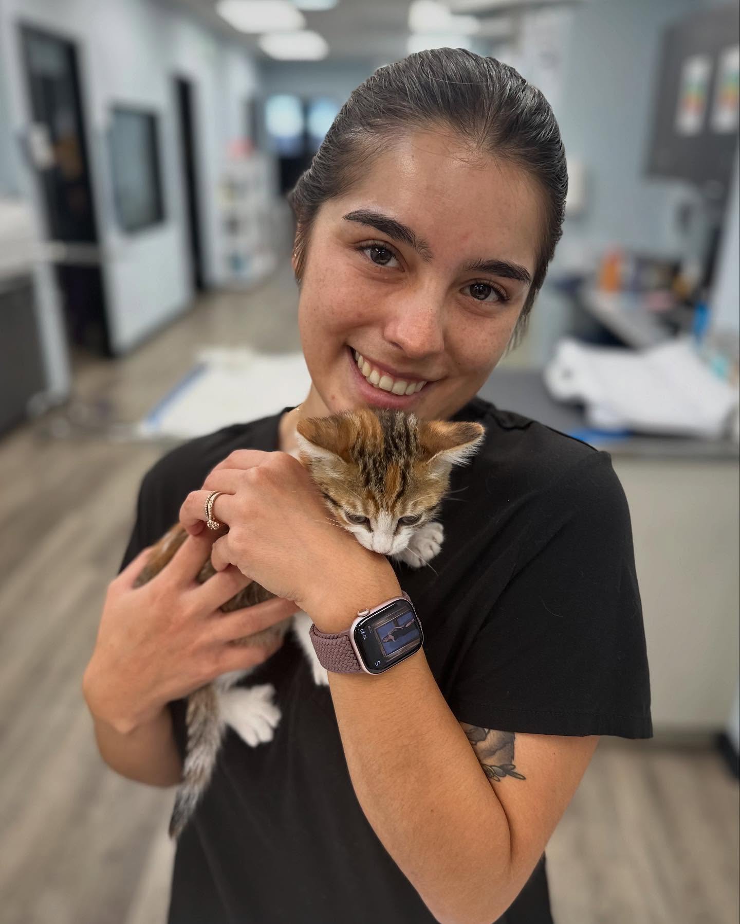 young female veterinary assistant smiling and holding tri colored kitten